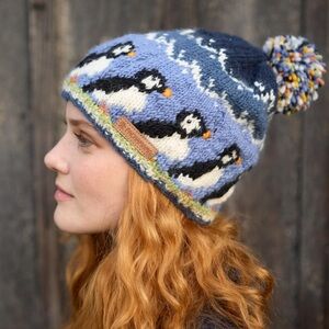 Blue and Black Winter Knit Hat with Playful Pattern